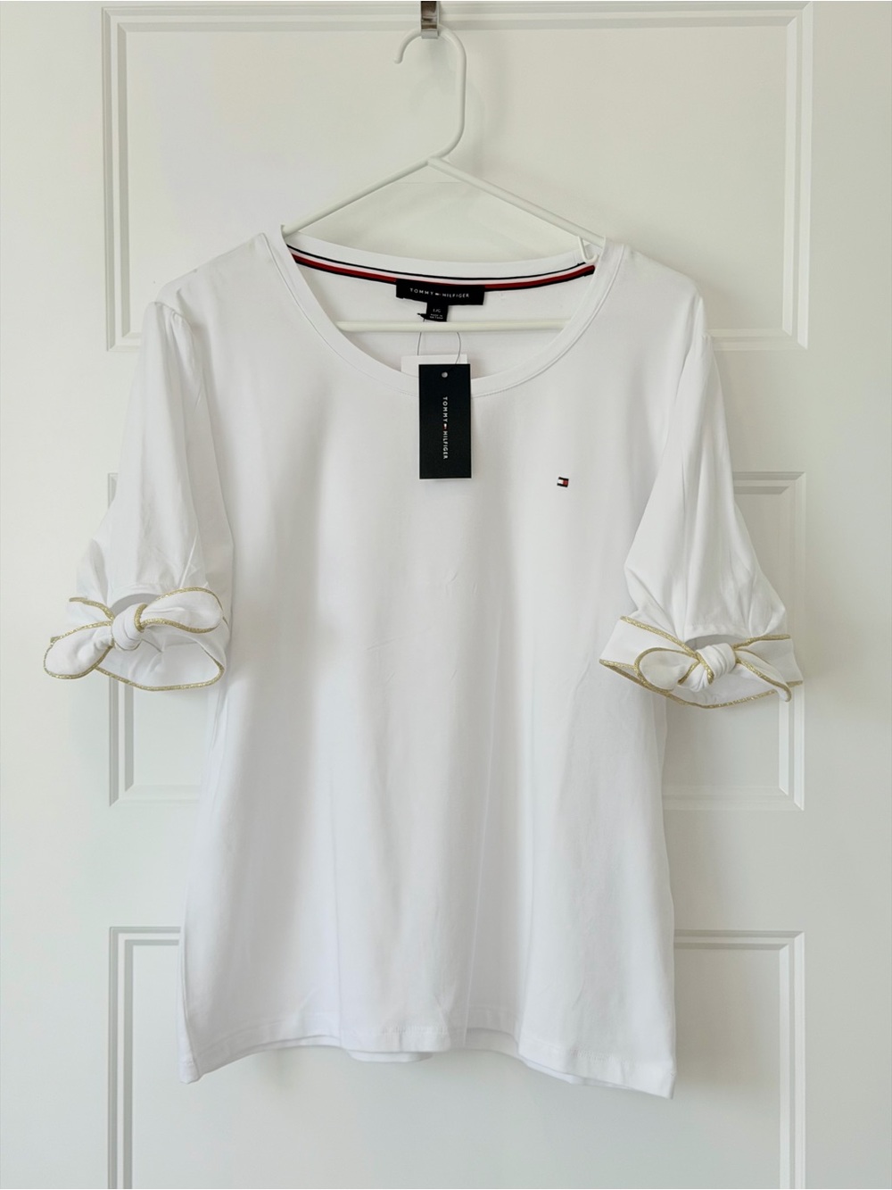 Tommy Hilfiger White Short Sleeve Tee with Gold-Trim Bow Sleeves